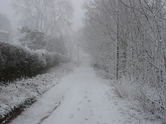 Early spring snow fall, looking North towards Bankhouse public house on 