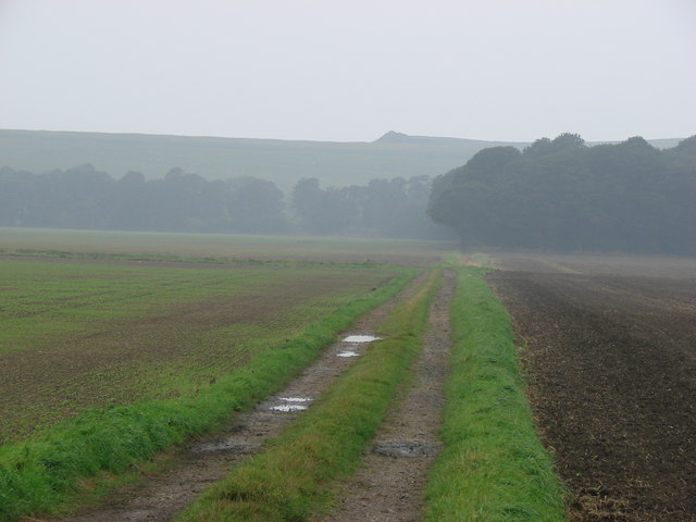 Track over fields, with Gale Common Ash Disposal Site on the horizon