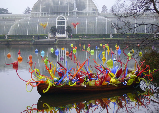 Chihuly glass in boat, morning, Palm House