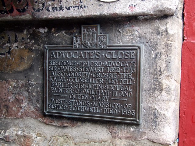 near to Edinburgh, Great Britain. Advocates Close, Edinburgh. Plaque in the entrance to the Close.