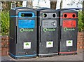 Colour-coded recycling bins outside Somerfield, Lower Northam Road