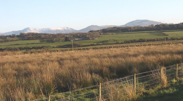 View across the Cefni Marshes towards the ruins of Llanfihangel Ysgeifiog Church