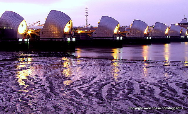 The Thames Barrier before the dawn.