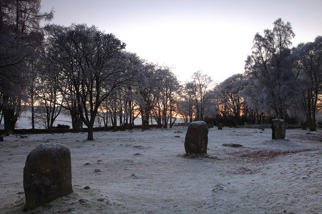 Outer stones of northeast cairn, Clava, at sunset.