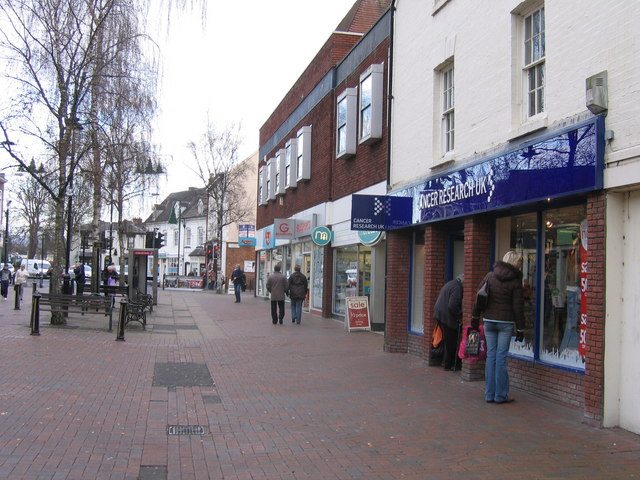 Bromsgrove High Street showing Cancer Research Shop