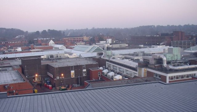 Aerial view from top storey of The Atrium looking across Central Camberley (including Main Square)