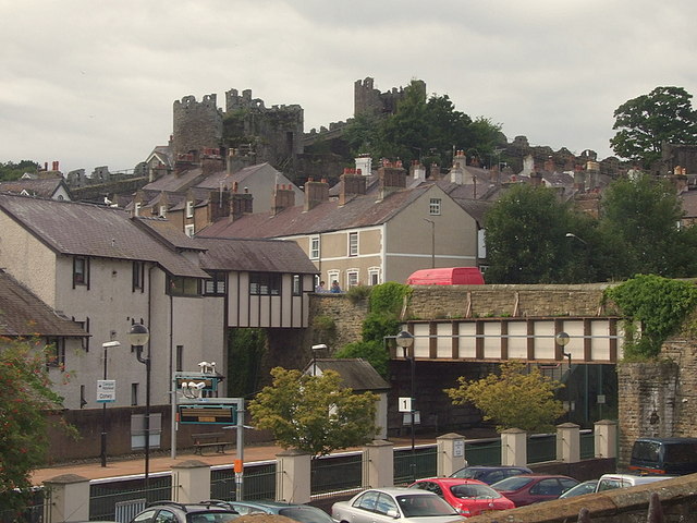 Conwy railway station,with Town Walls behind