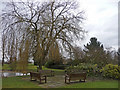 Seats by Pond, West Lodge Park, Hadley Wood, Hertfordshire