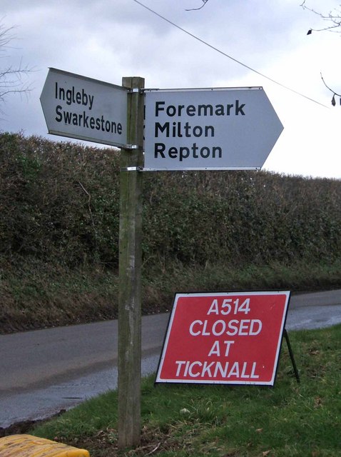 Road sign at minor crossroads near Ingleby & Foremark