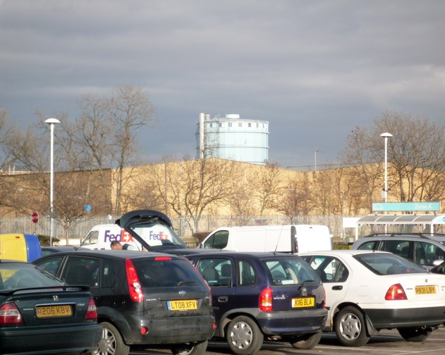 Southall gasometer from Tesco's entrance at Bulls Bridge
