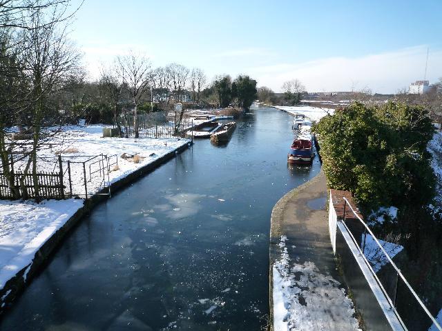 A frozen Grand Union Canal - view from The Three Bridges - looking westward