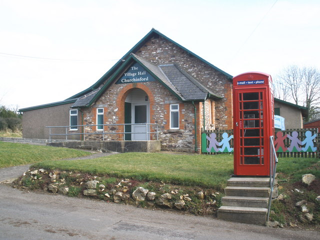 Telephone box and village hall, Churchinford