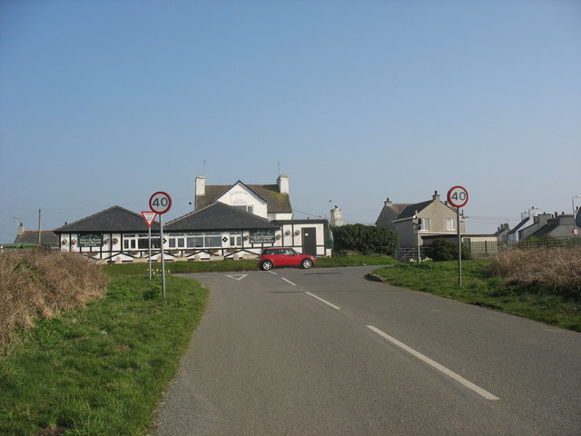 Approaching the junction with the Tregele bypass with the Douglas Inn in the background