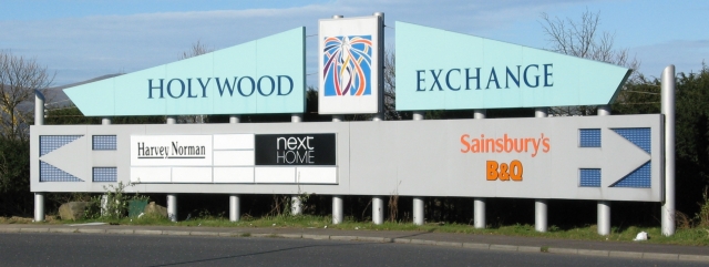 Road sign for Holywood Exchange Shopping Centre