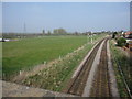 Farmland and the railway line to Warrington