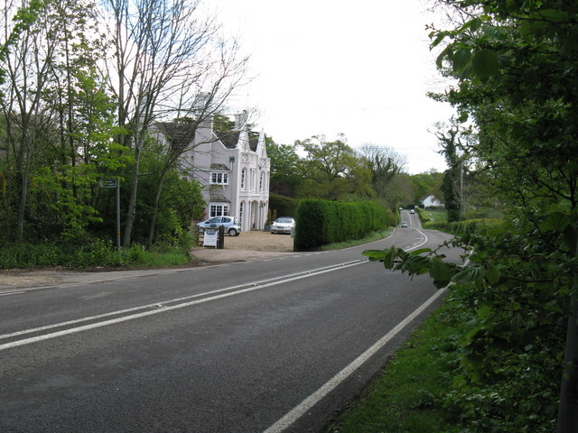 Looking east along the A272 with Allfrey's house on the left