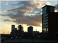 Sunset, new buildings at Ipswich docks