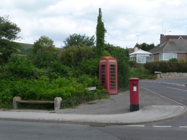 Swanage: postbox № BH19 205 and phone, Ulwell Road