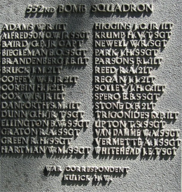 386th B.G.(M), 9th Air Force USAAF Memorial, 552nd Bomb Squadron Honor Roll, Easton Lodge/Great Dunmow, Essex