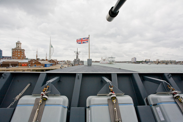 View south over bow of HMS Daring
