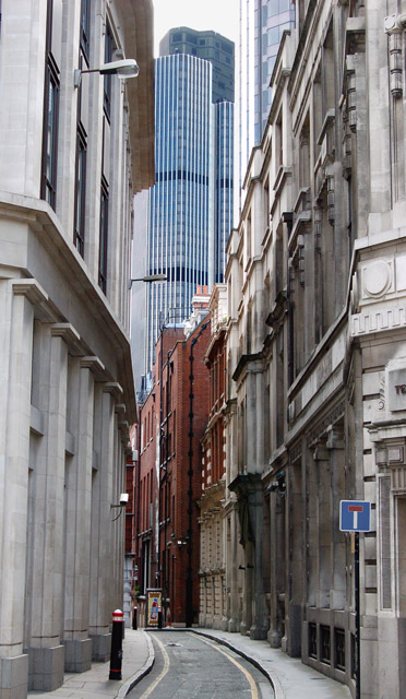 Natwest tower framed by Telegraph Street, Moorgate, London