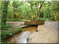 SZ0197 : Merley: stream and bridge in Delph Woods by Chris Downer