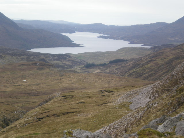 Going down into Gleann Dubh with Loch Assynt in the distance