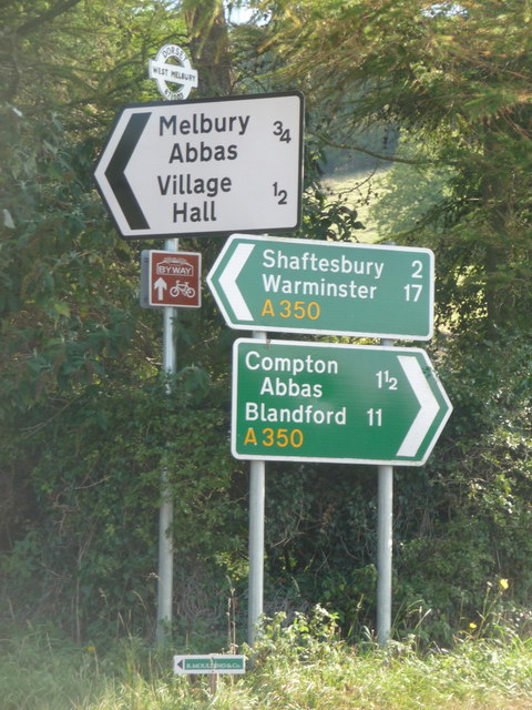 Melbury Abbas: direction signs on the A350