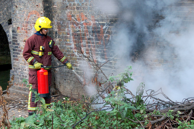 Firefighting beside the Regents Canal, Islington (1)