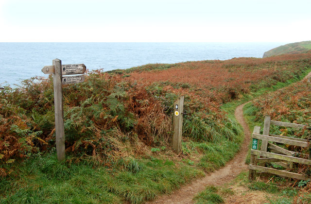 Coastpath signs and gate near St Nons Bay