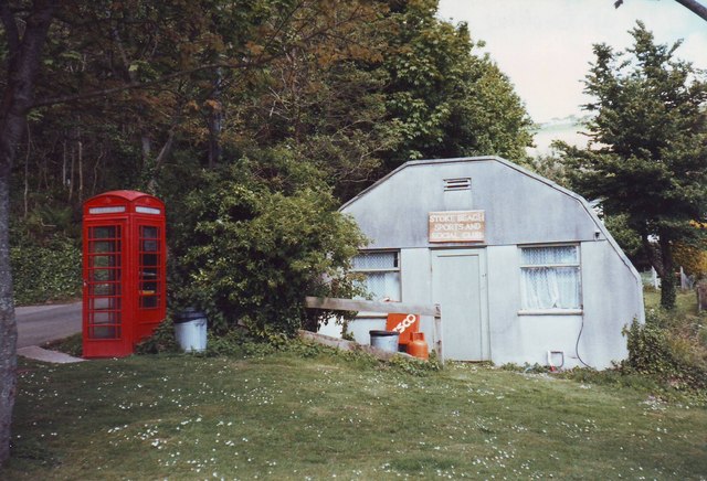 Stoke Beach Social Club and telephone box, Devon