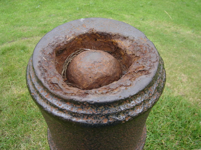 A close up of the jammed cannon ball