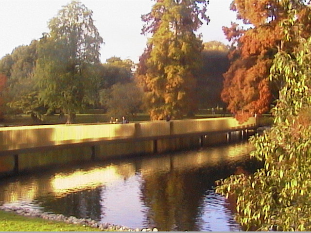 Golden footbridge over main lake in Kew Gardens