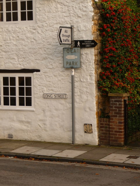 Sherborne: road signs of varying vintage in Long Street