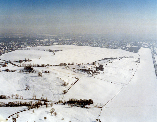 Aerial view of Hadleigh Castle in the snow