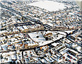 Aerial view of Hadleigh centre in the snow