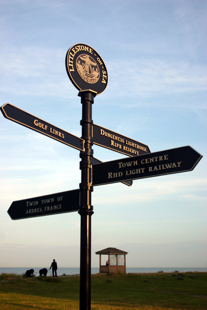 Signpost on the promenade at Littlestone on Sea