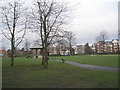 Looking past the winter trees towards the bandstand