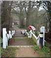 Steps down from the church