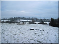 Snowy field next to churchyard