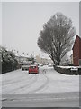 Looking from Barncroft Way into a snowy Hooks Farm Way