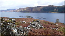 NG8736 : Stromemeanch and fish farm in Loch Carron by Penny Goodman