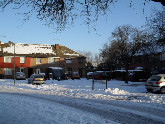 Boundary of a snowy Ernest Road and St John's Road