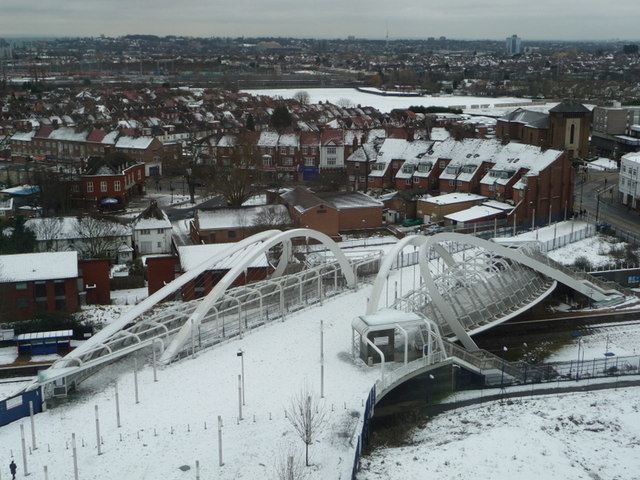 Wembley: Wembley Stadium Station footbridge in snow