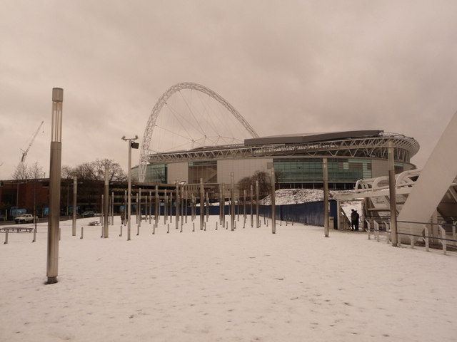 Wembley: the stadium from snow-covered footbridge