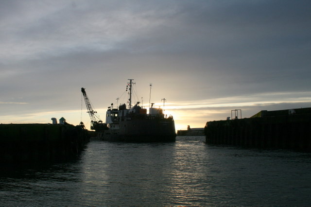 The MV Shearwater almost blocks the Burghead harbour