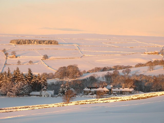Morning light on the valleys of Shield Burn and Philip Burn in the snow