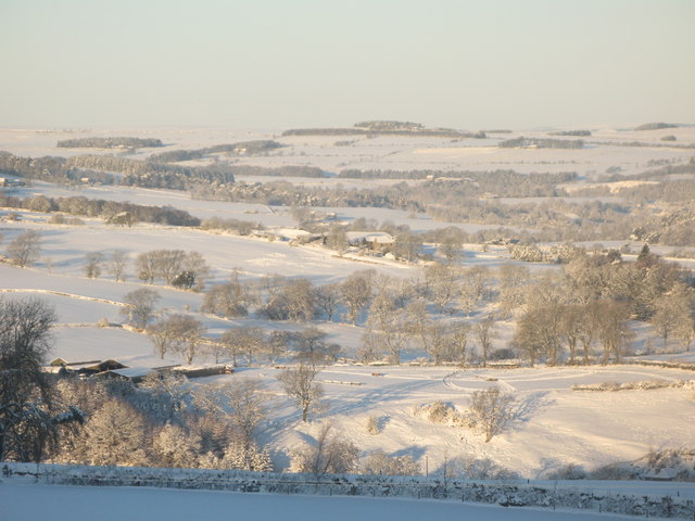 Panorama of snowy East Allen Dale (8 - Low Broadwood Hall and Pia Troon)