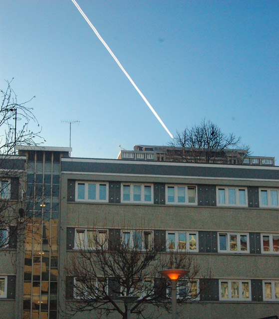 Jet trail over Kings Square, London EC1