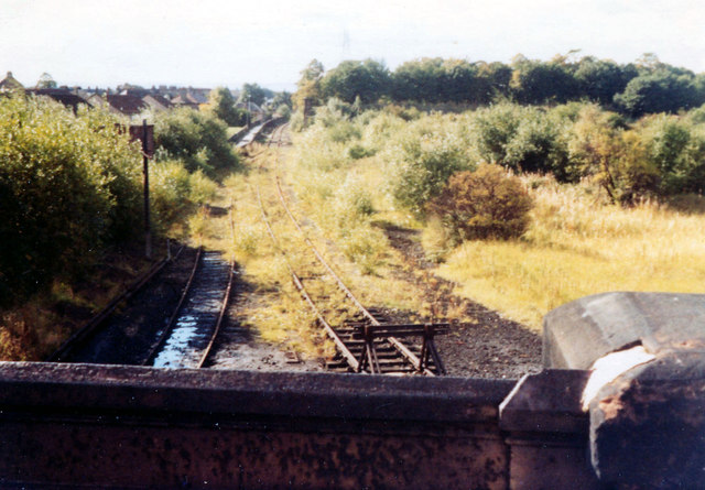 Overgrown rail tracks, Meadowside Street 1977